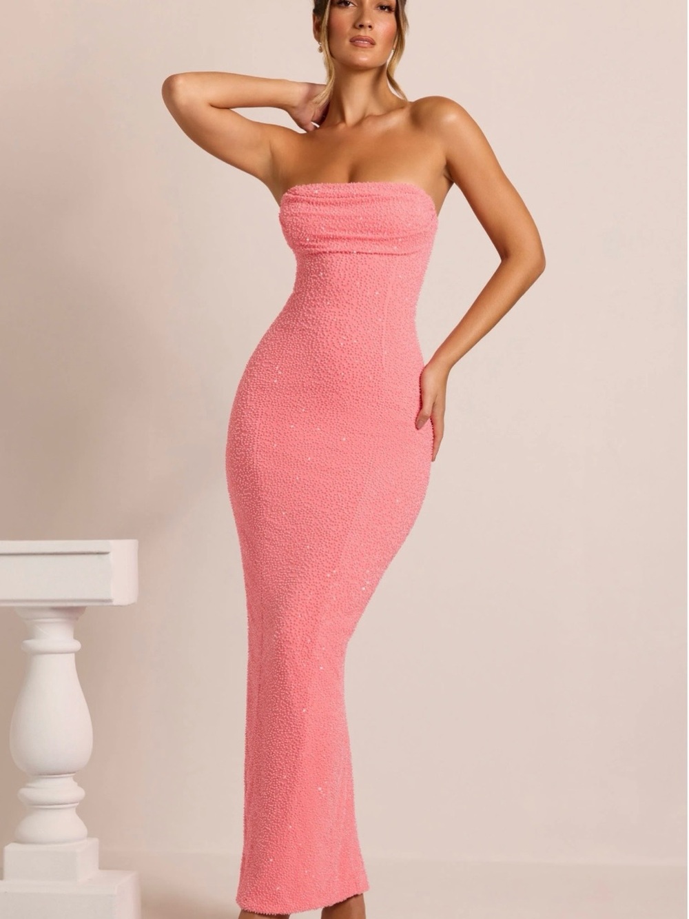 Embellished Bandeau Cowl Neck Maxi Dress in Coral